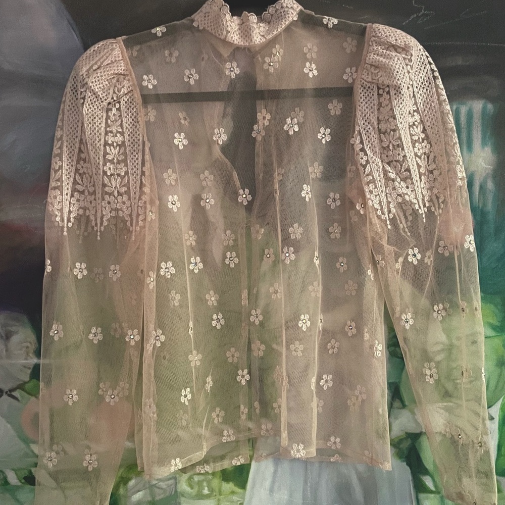 Vintage Blouse ✨ sheer with iridescent button and flower gem details